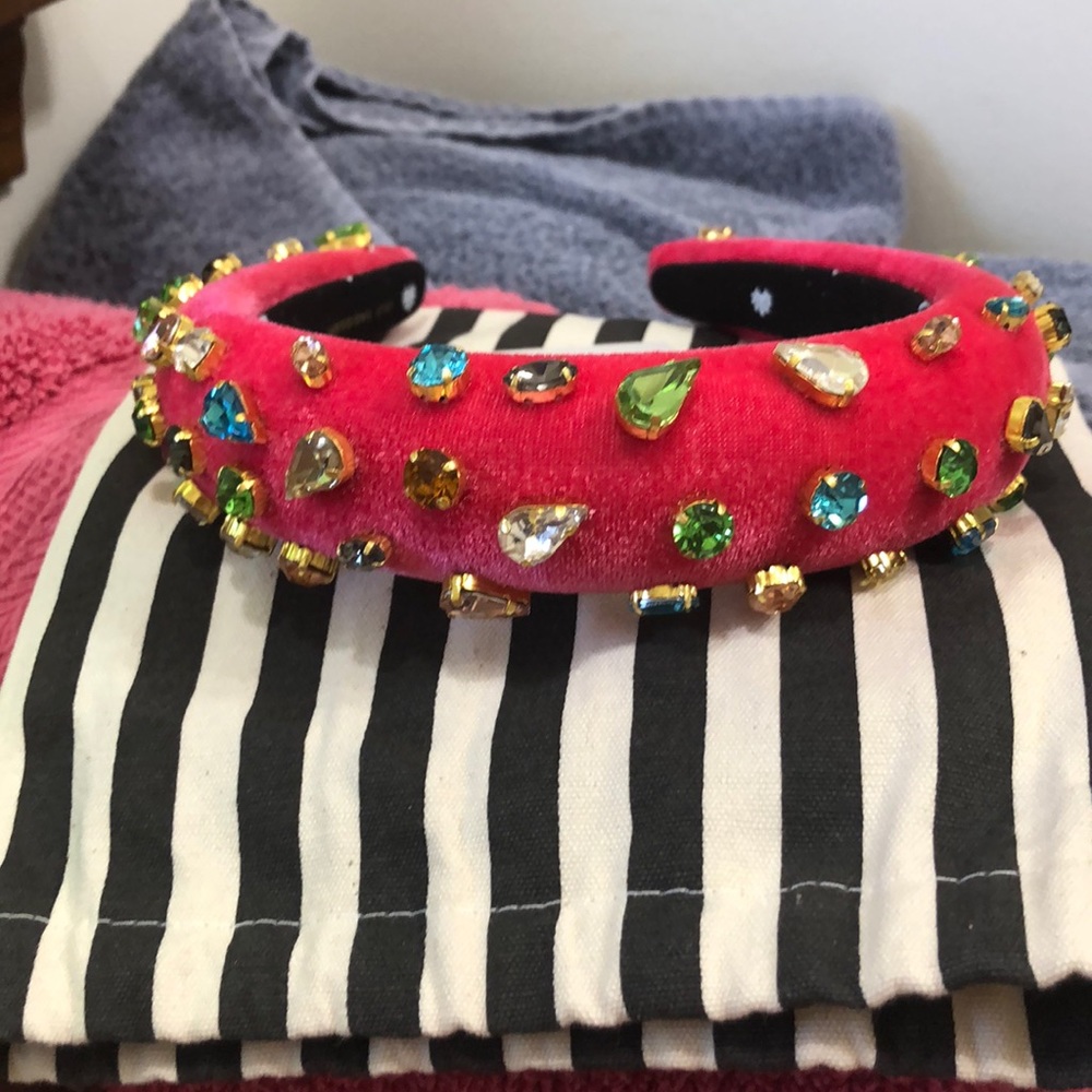 Lele Sadoughi Pink Velvet Headband with Multicolor Gems